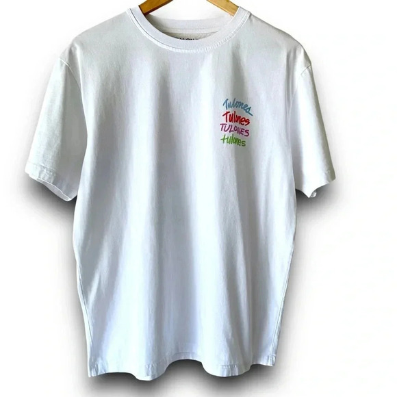 TULONES Men's Medium Crewneck White T-Shirt 4 Logos Design Blue/Red/Purple/Green - Picture 4 of 7